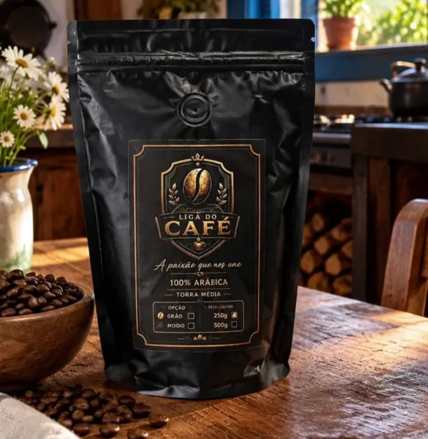 O café da Liga vem em grãos ou moído, em pacotes de 250 g e 500 g.