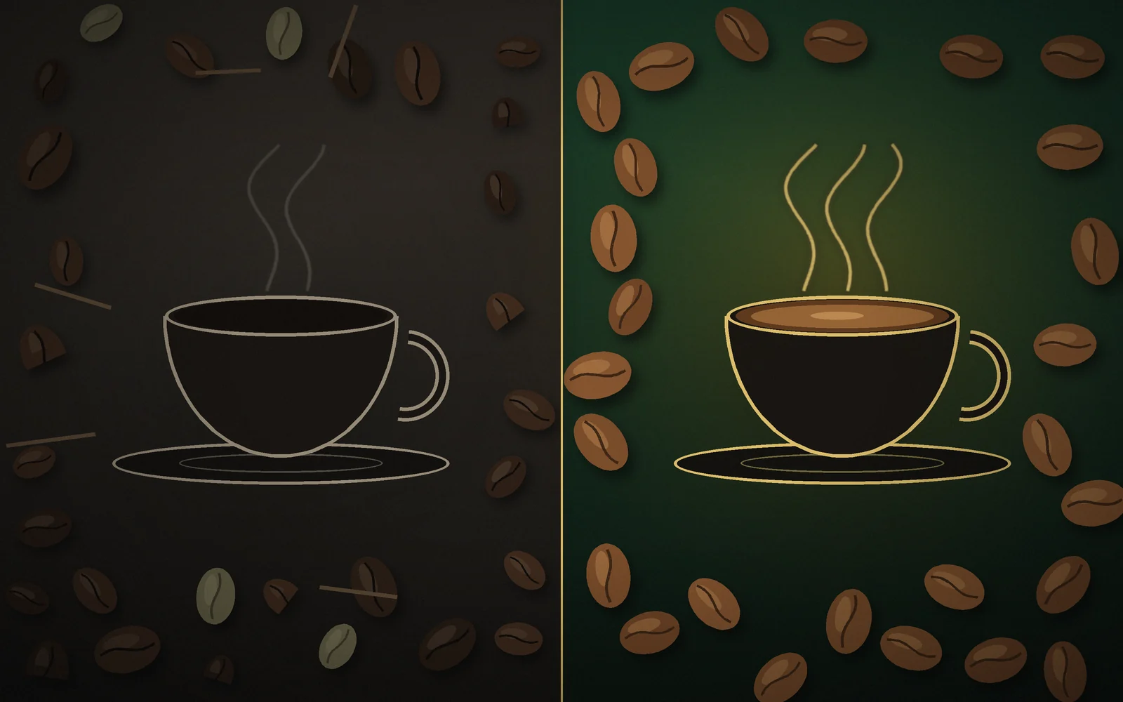 À esquerda, grãos escuros e desiguais; à direita, grãos selecionados de torra média. Ilustração: Liga do Café.